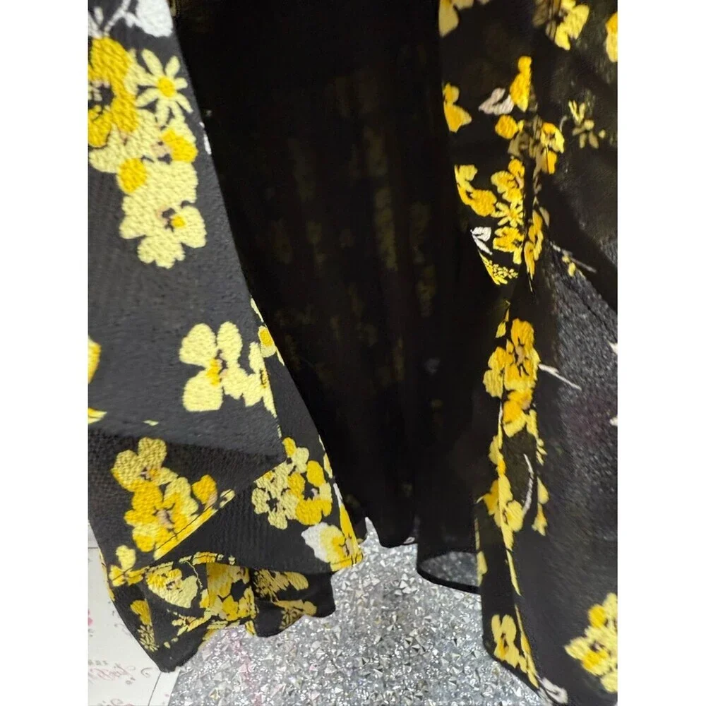 Michael Kors dress flowers V neck flowy Black Dress with Yellow Floral Print